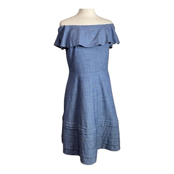 Banana Republic Dress 10 Off Shoulder Sheath Chambray Blue A-Line Ruffle Stretch - Picture 4 of 9